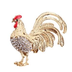 Sparkling Gold Tone Rooster Brooch with Rhinestones Farmhouse Pin